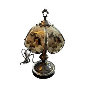 Vintage Native American-Themed Table Lamp With Glass Panels & Wildlife Scenes
